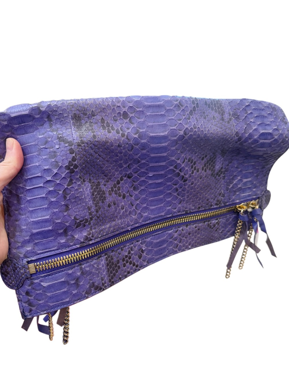 New Glenda Bloom Genuine Python Leather Classic Foldover Clutch Bag Purple Snake